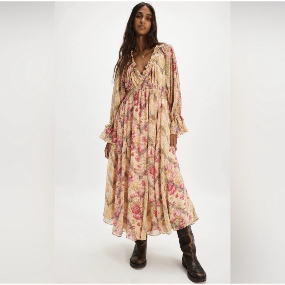 Free People Lena Floral Printed‎ Ethereal Billowy Ruffles Midi Dress Medium Boho